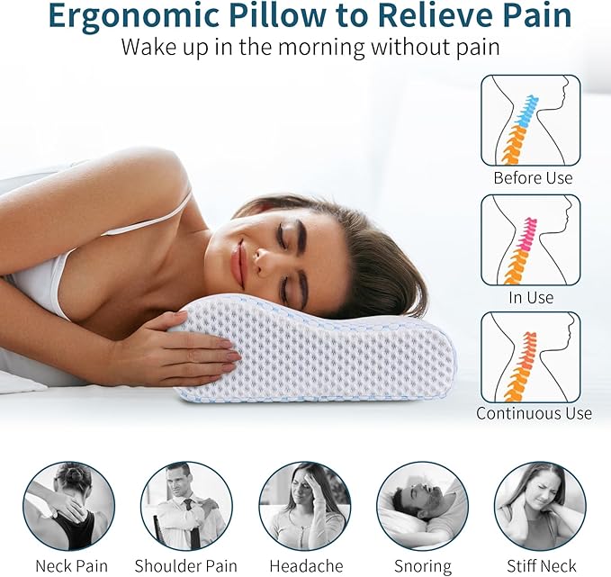 Memory Foam Pillows Neck Pillow for Pain Relief, Ergonomic Cervical Pillow Neck Shoulder Support Bed Pillow for Side Back Stomach Sleeper, Orthopedic Contour Pillow for Sleeping