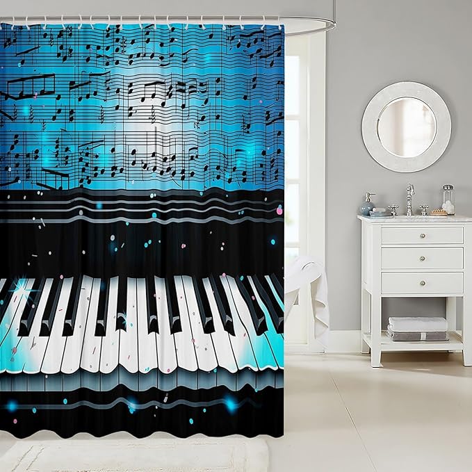 Feelyou Piano Shower Curtain Boys Girls Musical Fabric Shower Curtain for Kids Music Theme Bathroom Waterproof Accessories with 12 Hooks Blue Curtains,72x78 Inches