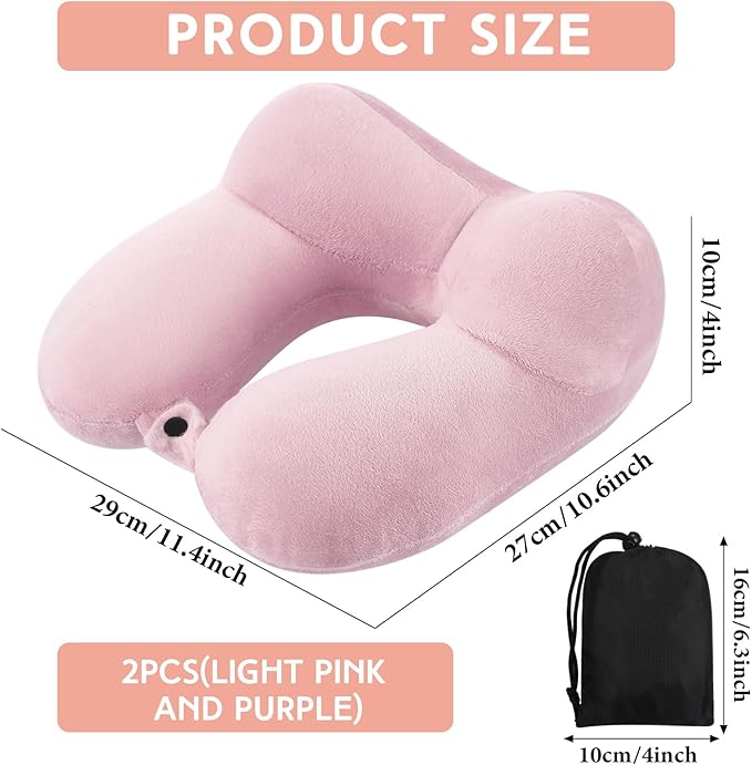 Sintuff 2 Pack Inflatable Travel Pillow for Airplanes Inflatable Neck Pillows with Compact Bag and Blindfold Soft Flight Pillow for Traveling, Airplane, Train, Car, Office(Light Pink and Violet)