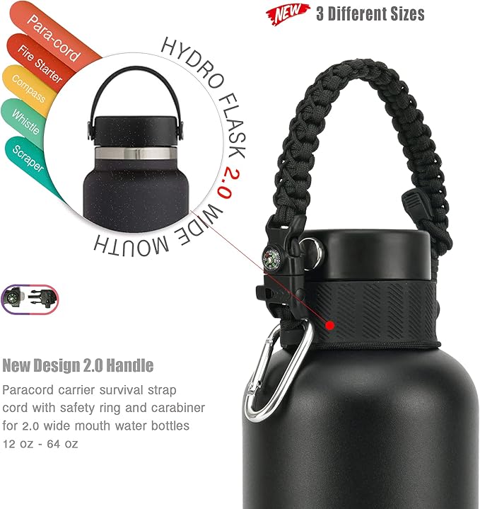 2.0 Paracord Handle for Hydroflask 2.0 Wide & Standard Mouth Water Bottles Carrier with New Ring & Carabiner 12oz, 16oz, 18oz, 20oz, 32oz, 40oz, 64oz (32 oz-40 oz Wide Mouth)
