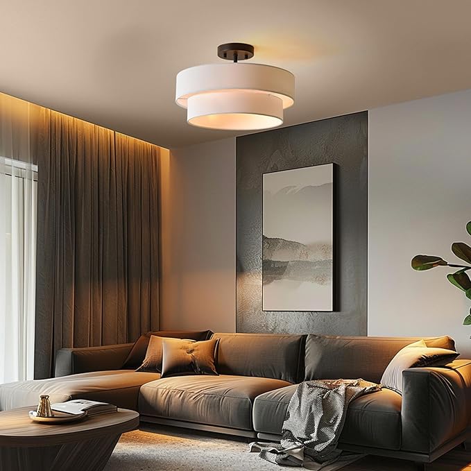 Globe Electric 66000138 2-Light Semi-Flush Mount Ceiling Light, Matte Black, 2-Tier, White Linen Shade, Home Improvement, Dining Room, Kitchen