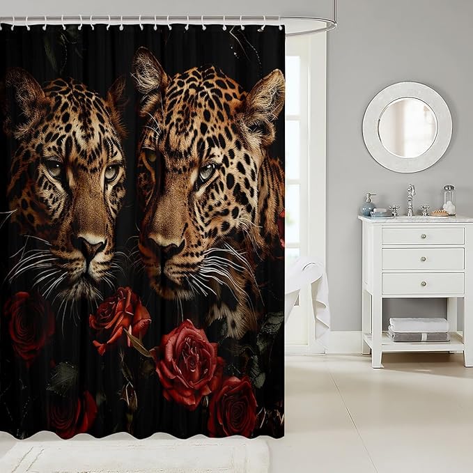 Feelyou Leopard Shower Curtain Rose Leopard Bathroom Shower Curtain Set Wild Animal Bath Curtain for Kids Boys Girls Boys Leopard Kids Bathroom Accessories Frighting Leopard 72"x72"