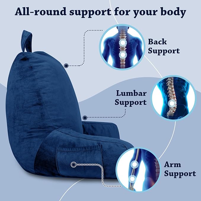 LOVTEX Reading Pillow with Removable Cover, Back Pillow for Sitting Up in Bed with Arms and Pockets, Bed Rest Pillow Adult, 20 x 15 Inches(Navy Blue)