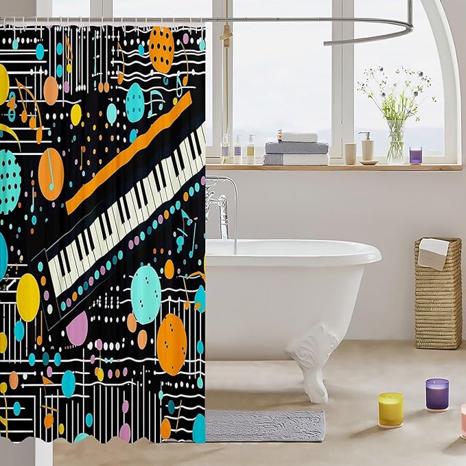 Feelyou Piano Fabric Shower Curtain Musical Shower Curtain for Boys Girls Geometric Bathroom Waterproof Accessories with 12 Hooks Colorful Wave Dot Curtains,72x78 Inches