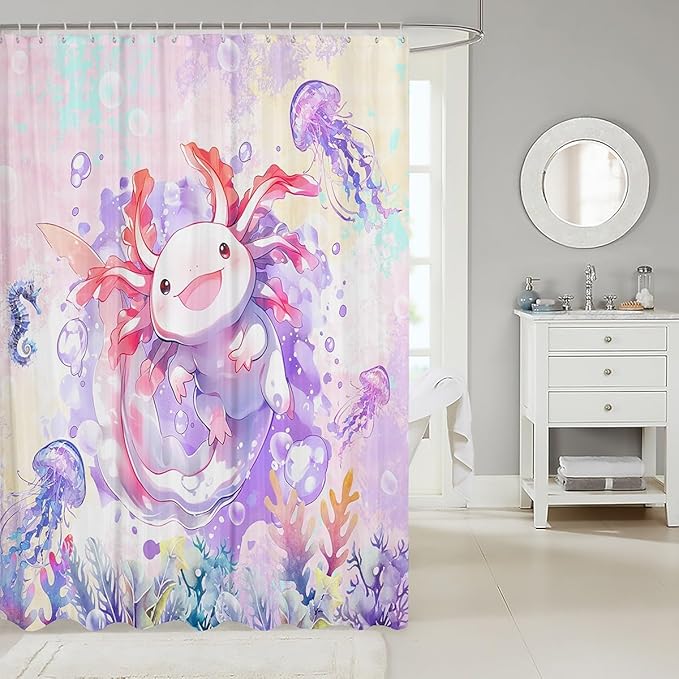 Feelyou Boys Girls Cute Axolotl Bathroom Shower Curtain Set Ocean Sealife Bath Curtain for Cartoon Salamander Shower Curtain Kids Kawaii Teens Bathroom Accessories Room Decor 72"x72"