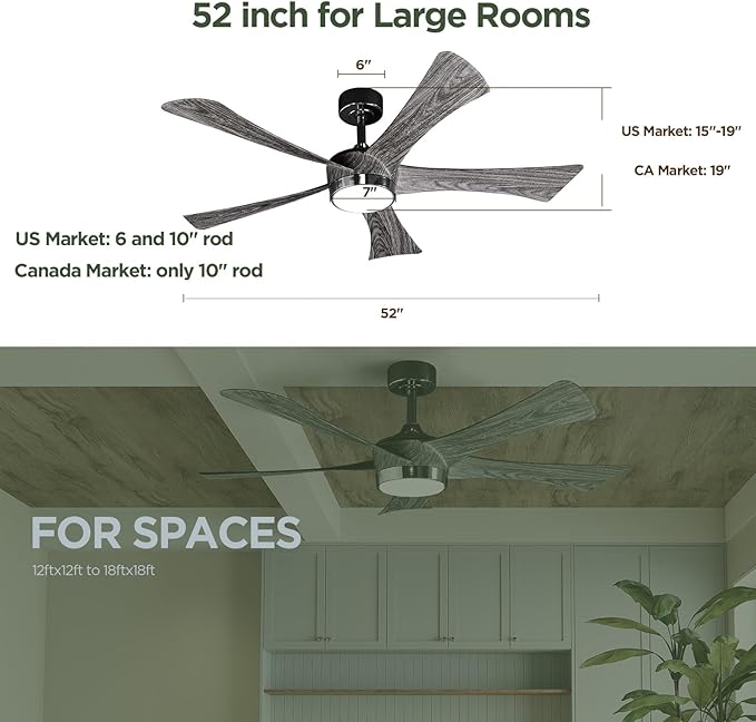 Ceiling Fan With Light Remote: 52 Inch Modern Bedroom Fans with Dimmable Tri-Color Temperatures LED - Water Transfer Printing 5 Blades