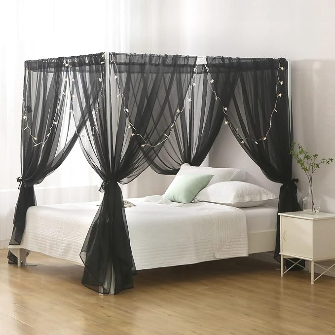 Chiffon Black Bed Canopy Queen Size, Gothic Style Girls Canopy Bed Curtains, 4 Post Bed Curtains for Adult Room Decor