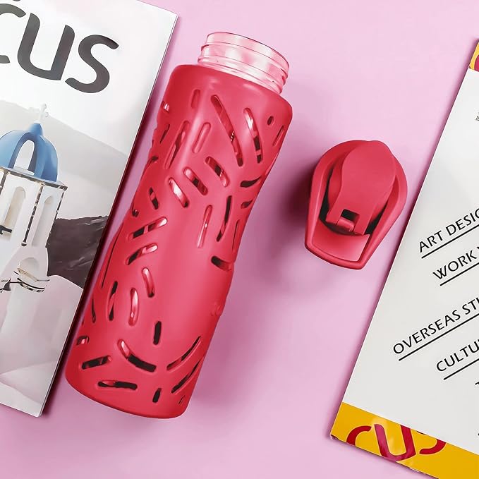 25oz Glass Water Bottles with Silicone Sleeve, 3 Different Lids (BPA Free) for Wide Mouth Glass Drink Bottles for Fitness and Outdoor (Red)