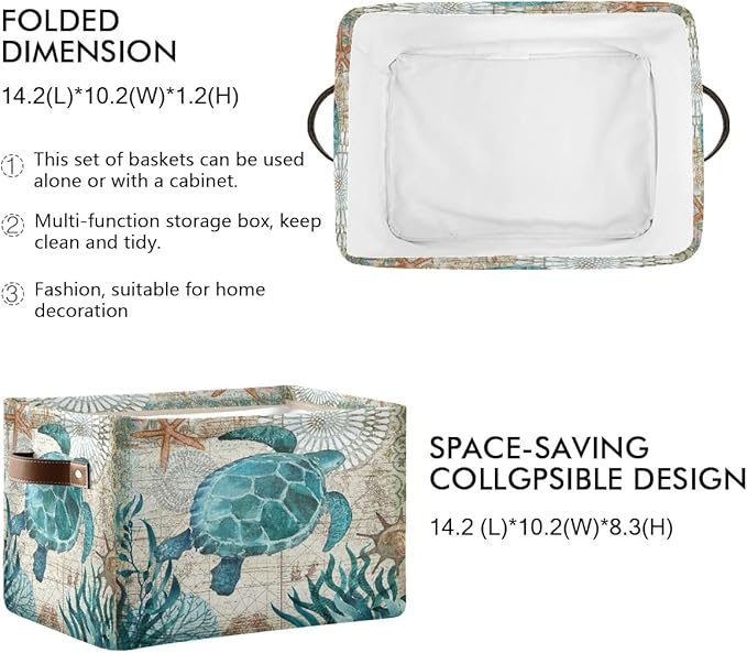 Sea Turtle Storage Basket Fabric Storage Bin Nautical theme Baskets Coastal Starfish Foldable Storage Boxes Organizer Bag for Baby Cloth Dog Toy Book Storage Cubes Shelf Closet Basket 16×12×8 Inches