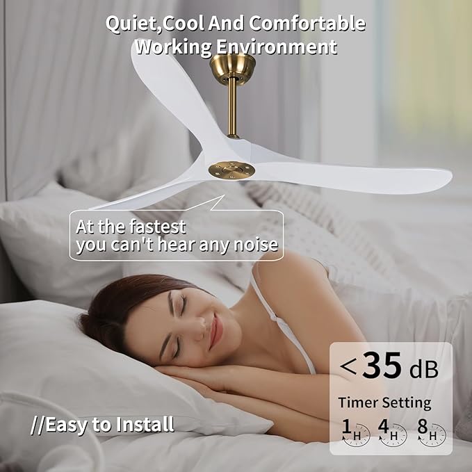 Bigzone 60" Indoor/Outdoor Ceiling Fan Without Light, Quiet Energy Saving DC Motor,3 White Balsa Wood Blades,Modern Ceiling Fan With Remote Control, Reversible Blades