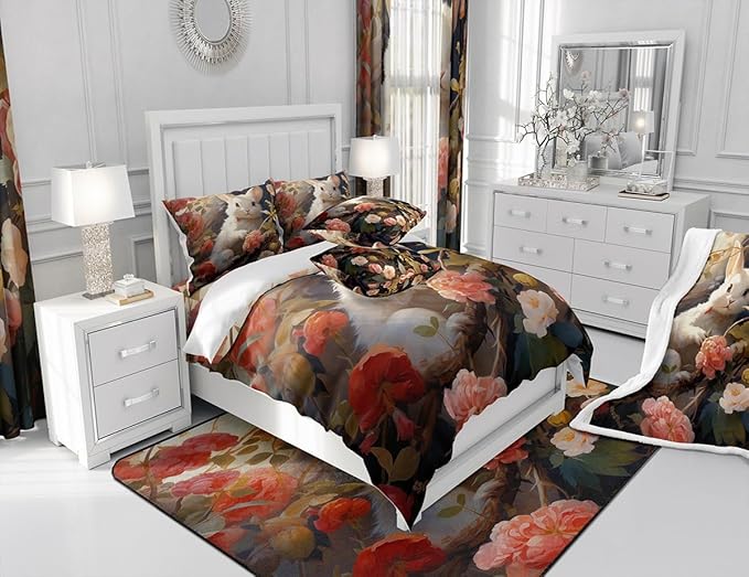 Feelyou Cute Rabbit Fabric Shower Curtain Cute Bunny Shower Curtain for Boys Girls 3D Print Bathroom Waterproof Accessories with 12 Hooks Pink Flower Curtains,72x72 Inches