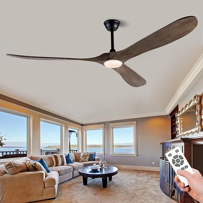 BOJUE Ceiling Fans with Lights 72 Inch Indoor Outdoor Ceiling Fan,Wood Ceiling Fan with Remote Control & 3 Wood Blades for Patio Living Room Bedroom (Aged Pewter-light Grey Weathered Oak Blades)