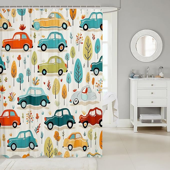 Feelyou Cartoon Car Shower Curtain Boys Girls Luxury Car Fabric Shower Curtain for Kids Colorful Tree Bathroom Waterproof Accessories with 12 Hooks Colorful Car Curtains,72x78 Inches
