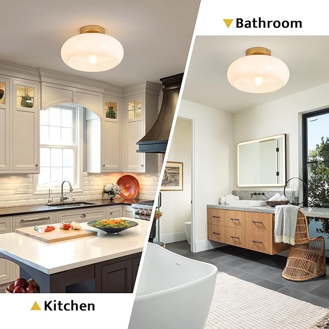 Mid-Century Modern Gold Semi Flush Mount Ceiling Light, Kitchen Ceiling Light Fixture with Glass Shade, Vintage White Close to Ceiling Lamp for Entryway Hallway Bathroom (11.0 Inch)