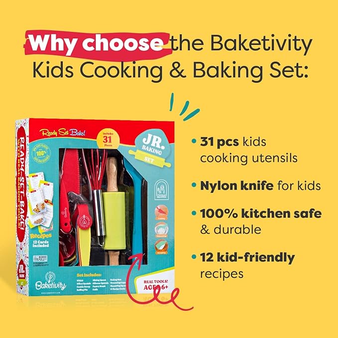 Baketivity 31 Pcs Kids Cooking & Baking Set with Kids Knife & Real Cooking Utensils - Kid Safe Knife & Cooking Tools - Kids Baking Set Gift for Girls & Boys Including Nylon Knife for Kids