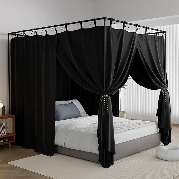 Black Canopy Bed Curtains - 4 Corner Post Bed Curtains Full Size Lightproof Drapes Bed Canopy with Top Ties and Tie Backs for Adults & Girls Bedroom Decoration(Black,Full)