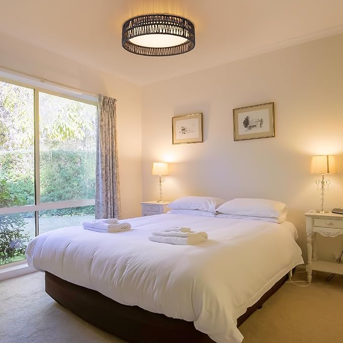 SineRise 12" Flush Mount Ceiling Light,25W LED Rattan Ceiling Light Fixture,Dimmable Handmade Boho Light Fixtures with Rattan,Farmhouse Lighting Fixtures Ceiling for Hallway Kitchen Bedroom(Black)