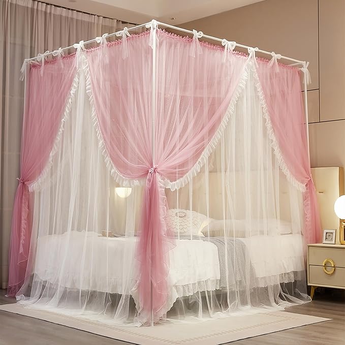 4 Corners Post Princess Curtain Bed Canopy Lace Up Double Layer 4 Opening Mosquito Net Mesh for Girls Bedroom Decoration(Pink/White, 78" W*86" L*82" H/King)