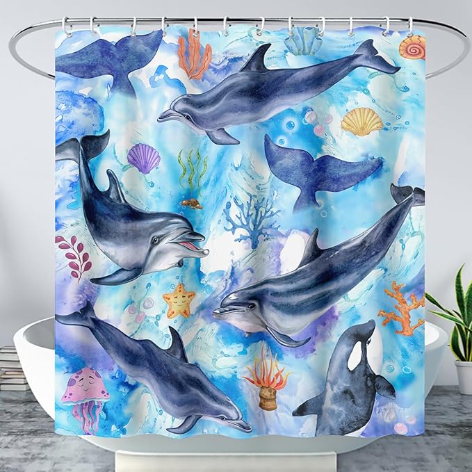 AILONEN Cute Cartoon Whale Shower Curtain,Kawaii Marine Animal Whale Bathroom Curtain for Kids Girls Boys,Blue Tie Dye Bath Curtain Set,Seaweed Fabric Shower Curtains for Bathroom, 72" W*84" H