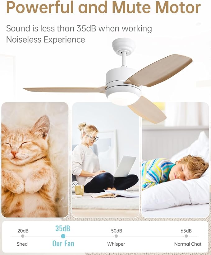 CACI Mall 46 inch Ceiling Fans with Lights and Remote, FUSH Mount Low Profile Ceiling Fan, Modern,3 Blade,6 Speed DC Motor,Quiet,Small Ceiling Fan for Bedroom Indoor/Outdoor Use
