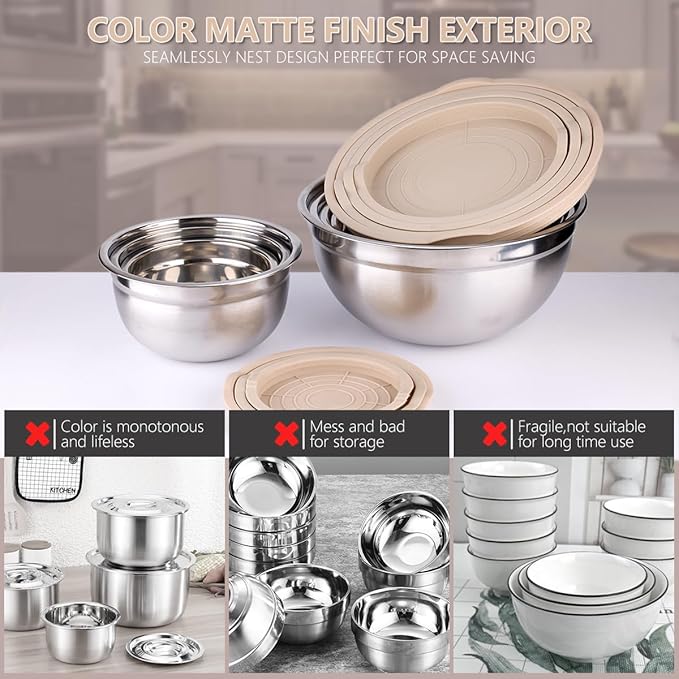 Mixing Bowls with Lids set - 26 PCS Stainless Steel Nesting Khaki Mixing Bowls Set for Baking,Mixing,Serving & Prepping,Size 5, 3.7, 2.8, 2.3, 1.7, 1.1, 0.7QT,12 Cooking Utensils