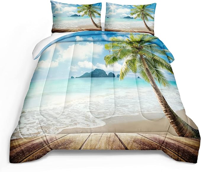 Bedbay Beach Theme Comforter Set Twin Size Tropical Bedding Twin Size Palm Tree Comforter Set Boys Girls Sunny Beach Coastal Bedding Down Comforter Set Soft Microfiber 3 Pcs Quilt Set(Beach,Twin)