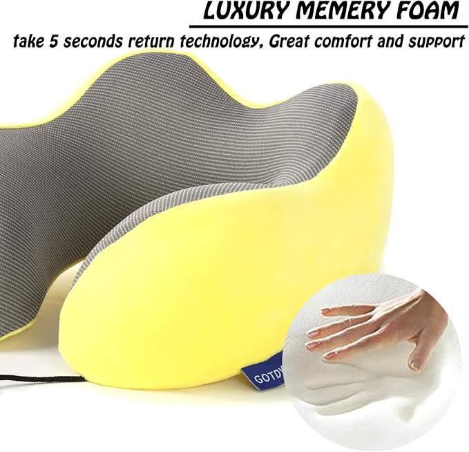 GOTDYA Travel Pillow,Travel Neck Pillows for Sleeping,100% Pure Memory Foam Soft Comfort & Support Pillow for Airplane/Car/Office&Home Rest Use-Yellow