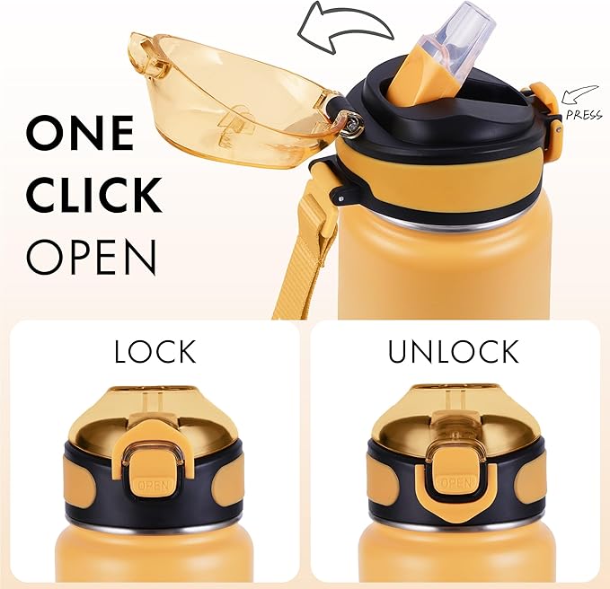 32 oz Insulated Water Bottle with Straw, Stainless Steel Metal Thermos Bottles, Durable Non-Slip Gradient Bottle with Strap for Sports and Travel, Leak Proof (Yellow White)