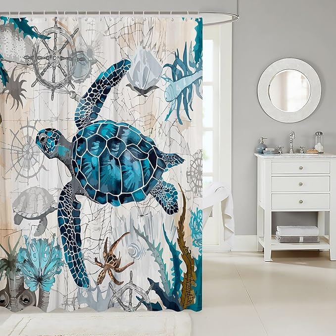 Feelyou Sea Turtle Shower Curtain Ocean Sailboat Compass Fabric Shower Curtain for Kids Boys Girls Nautical Theme Bathroom Waterproof Accessories with 12 Hooks Ocean Creature Curtains,72x72 Inches