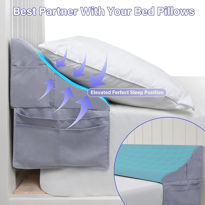 Vekkia King Size Bed Wedge Pillow for Headboard Gap, Mattress Gap Filler W/Big Pockets, Triangle Bloster Pillow, Bed Gap Filler to Close The Gap (0-6") Between Your Headboard and Mattress, Light Grey