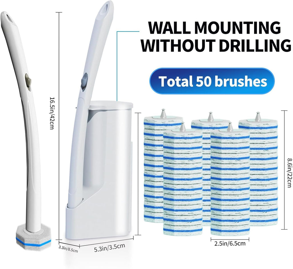 Disposable Toilet Brush Cleaning System with 50pcs Refills Pads Replacement Heads, Toilet Cleaning Stick, Wall Mounted Toliet Wand Kit Bathroom Maintenance, Toilet Bowl Cleaner Wands Holder and Set