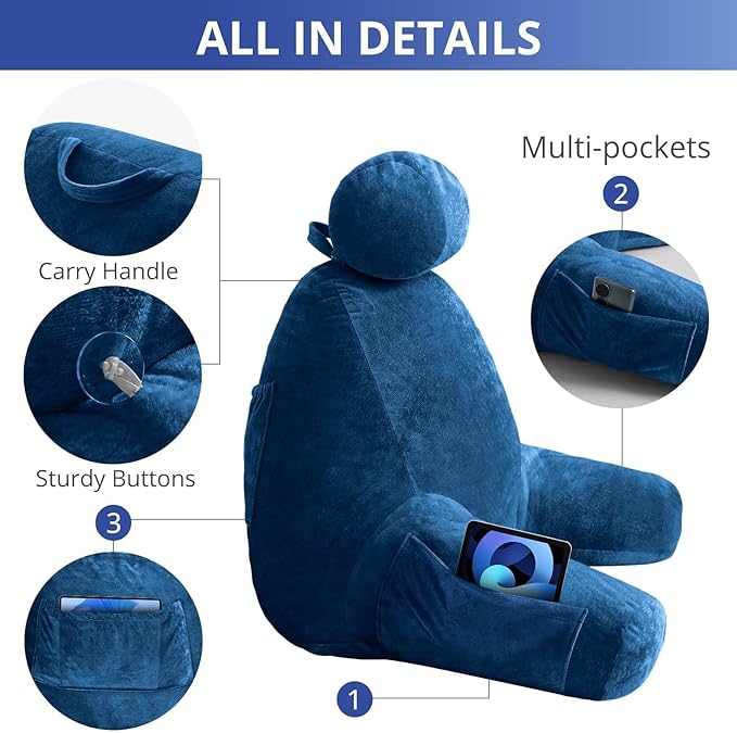 Sasttie Reading Pillow for Sitting in Bed Adult, Extra Large Back Pillow for Bed, Backrest Pillow with Detachable Head Support Cushion, College Dorm Essentials for Girls and Boys, Navy