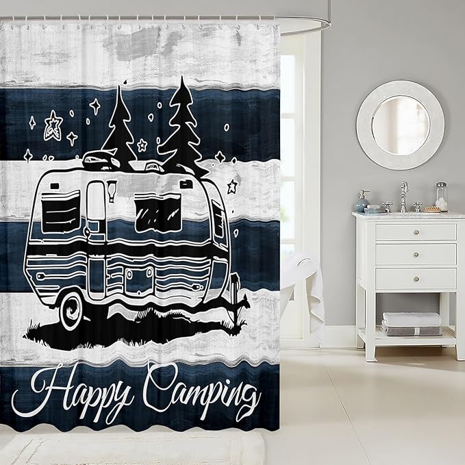 Feelyou Camper Shower Curtain Happy Camping Fabric Shower Curtain for Kids Boys Girls Rv Camping Bathroom Waterproof Accessories with 12 Hooks Camper Accessories Travel Trailers Curtains,72x72 Inches