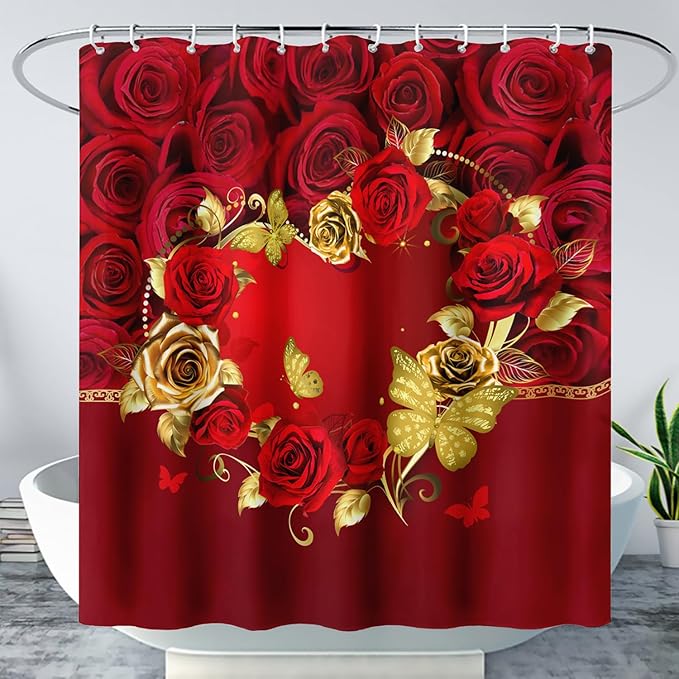 AILONEN Red Rose Couple Shower Curtain,Red and Gold Hearts Printed Bath Curtain,Modern Waterproof Luxury Rose Themed Bathroom Decor, 72" W x 96" H