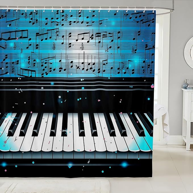 Feelyou Piano Shower Curtain Boys Girls Musical Fabric Shower Curtain for Kids Music Theme Bathroom Waterproof Accessories with 12 Hooks Blue Curtains,72x72 Inches
