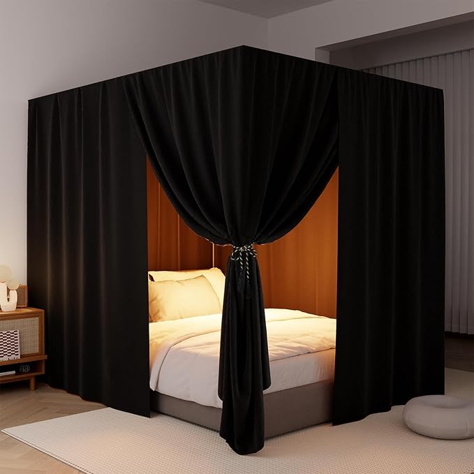 Black Canopy Bed Curtains - 4 Corner Post Bed Curtains Queen Lightproof Drapes Bed Canopy Curtains with Tie Backs for Adults & Girls Bedroom Decoration(Black,Queen)