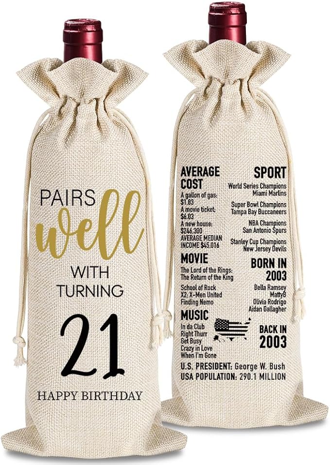 21st Birthday Wine Bag Gifts for Her, Cool 21st Birthday Gifts, 21st Birthday Gift Ideas for Women Men, 21 Years Old Birthday Party Decoration Wine Bag Gifts, 2003 Wine Bag