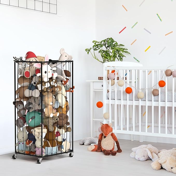 210L Stuffed Animal Organizer Plush Toy Storage Organizer Toy Storage Basket, Kids Toy Storage Bins with Wheels, Metal Frame and Elastic Cord Design, Suitable for Storage of Any Stuff