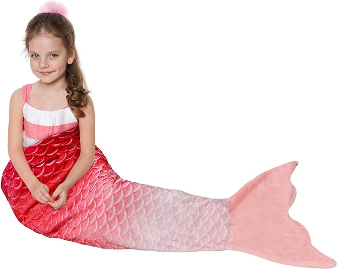 Catalonia Kids Mermaid Tail Blanket, Super Soft Plush Flannel Sleeping Snuggle Blanket for Girls, Rainbow Ombre, Fish Scale Pattern, Gift Idea