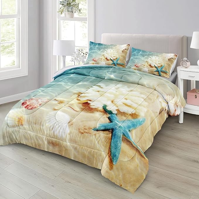 Bedbay California King Comforter Set Beach Themed Bedding California King Beach Comforter Set Coastal Beach Starfish Pattern Oversized 4 Pieces Beach Quilt Comforter Set(104" Wx96 L)