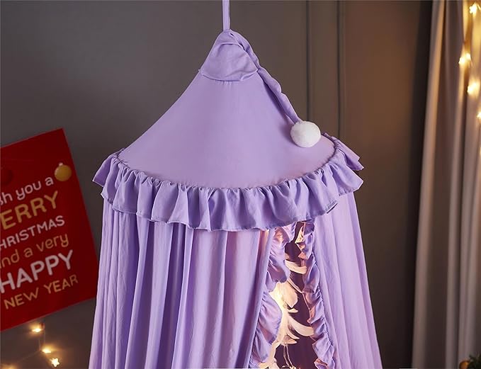 VETHIN Bed Canopy for Girls Kids,Princess Round Dome Children Dreamy Mosquito Net Bedding Girls Room Castle Play Tent Hanging House Decor Reading Nook Canopies (Purple)