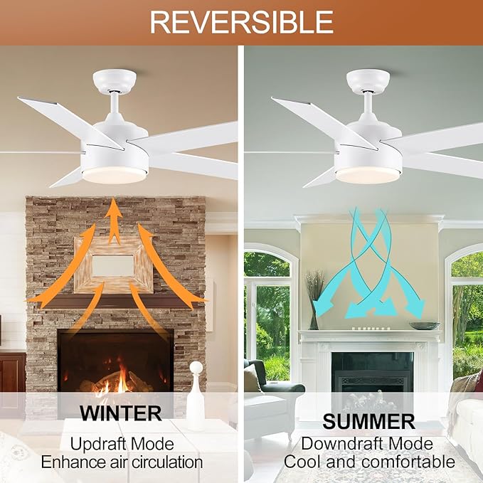 52 inch White Ceiling Fans with Lights and Remote, Wooden 5 Blades LED Modern Ceiling Fan for Bedroom, Living Room, Dining Room, 3 CCT 6-Speed Quiet Reversible