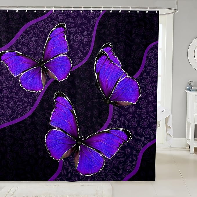 Feelyou Butterfly Shower Curtain 72"x72" Kids Butterflies Botanical Floral Print Bathroom Shower Curtain Set for Boys Girls Teens Geometric Stripes Bath Curtain Purple Bathroom Accessories