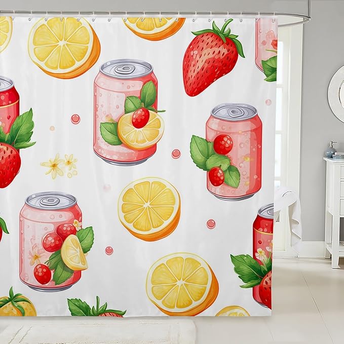 Feelyou Strawberry Shower Curtain Boys Girls Orange Fabric Shower Curtain for Kids Cherry Bathroom Waterproof Accessories with 12 Hooks Fruit Summer Theme Curtains,72x72 Inches