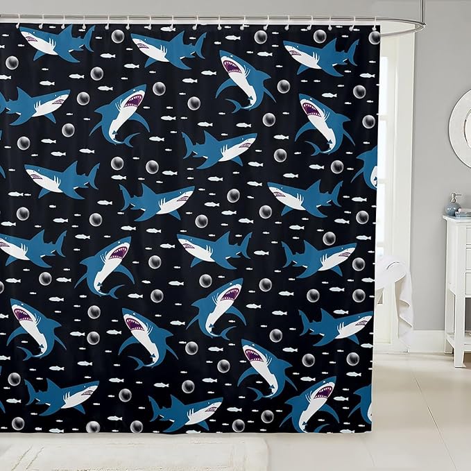 Feelyou Shark Bath Curtain Cute Shark Bathroom Shower Curtain Set for Kids Toddler Boys Girls Cartoon Shark Shower Curtain Shark Ocean Kids Bathroom Accessories 72"x78"