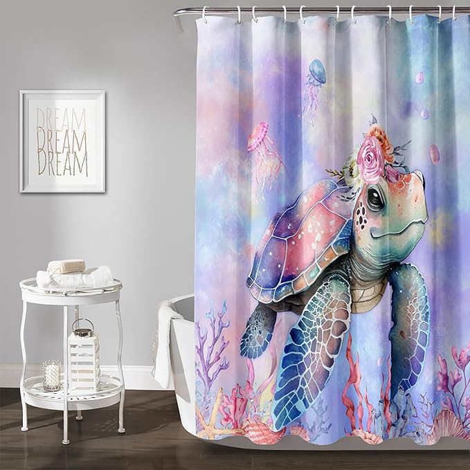 AILONEN Kawaii Sea Turtle Shower Curtain,Tie Die Turtle Bath Curtain Cloth Fabric Bathroom 60" W*72" H Inch,12 Pack Hooks for Kids Child Cute Watercolor Pink Sea Animal Bathroom Curtain