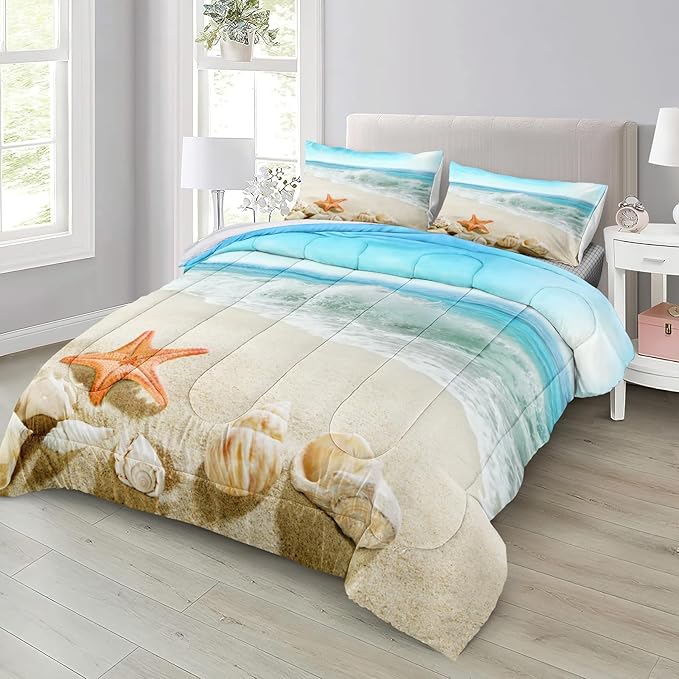 Bedbay Beach Theme Comforter Queen Seashell Comforter Set Beach Room Decor Starfish Seashore Beach Quilt Set 4 Pcs Beachy Comforter Set Coastal Bedding Quilt Set for All Seasons(Conch,Queen)