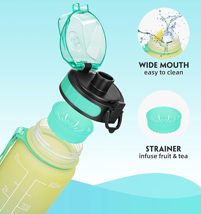 32oz Motivational Water Bottle with Time Marker & Fruit Strainer, Leak-proof BPA Free Non-Toxic Bottle with Carrying Strap, Perfect for Fitness, Gym and Outdoor Sports