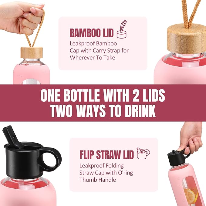 32oz Glass Water Bottle With 2 Lids-Flip Straw Lid, Bamboo Lid, Glass Water Bottle With Silicone Sleeve, Motivational Time Marker, Glass Juice Bottle for Cold Drink,Pink