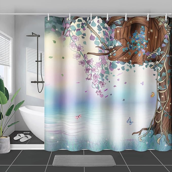 AILONEN Blue Tree Leaves Shower Curtain,Botanical Floral Plants Vine Shower Curtain,Butterfly Floral Shower Curtain for Bathroom Decor Polyester Waterproof with Grommets and Hooks 48" W*72" H